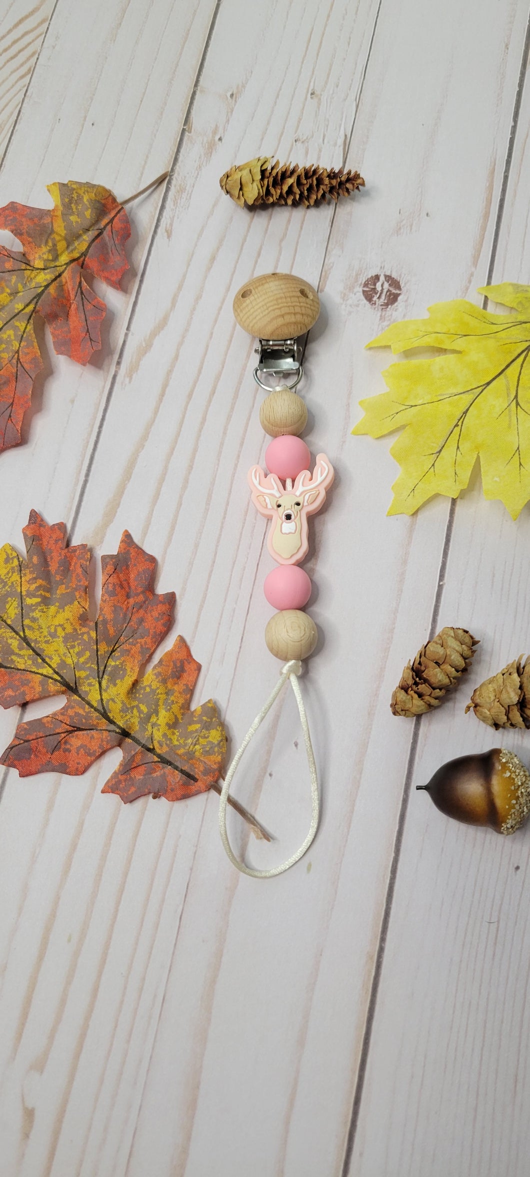 Pink Deer Pacifier Clip, Silicone and Beechwood
