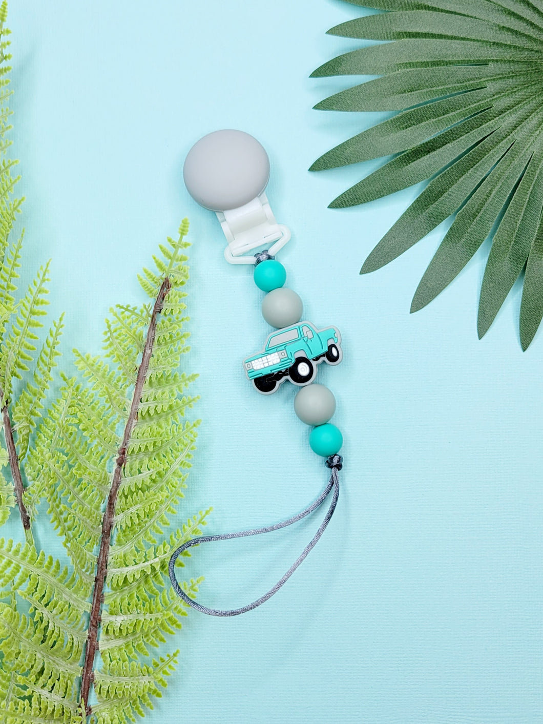 Turquoise & Grey Truck Pacifier Clip
