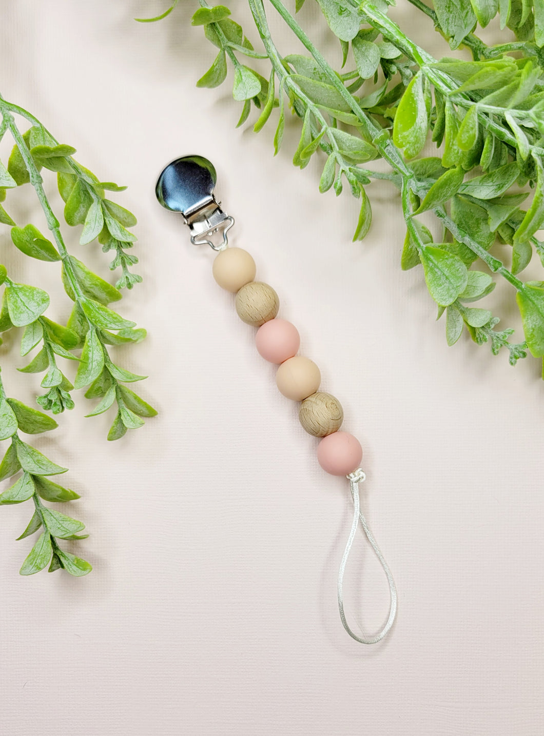 Soft Pink & Beechwood Pacifier Clip
