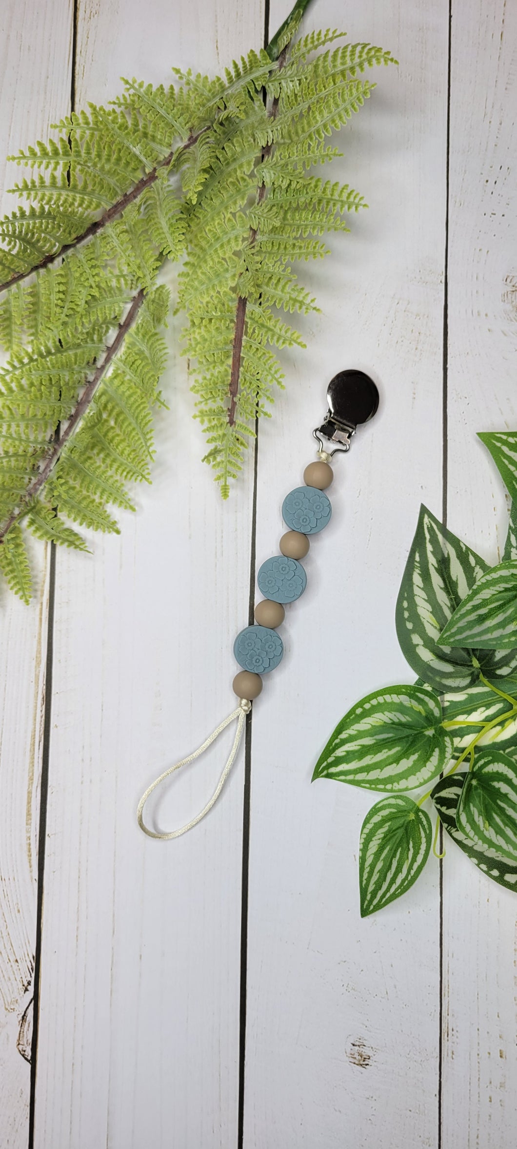 Dusty Blue Floral Embossed Pacifier Clip, Silicone