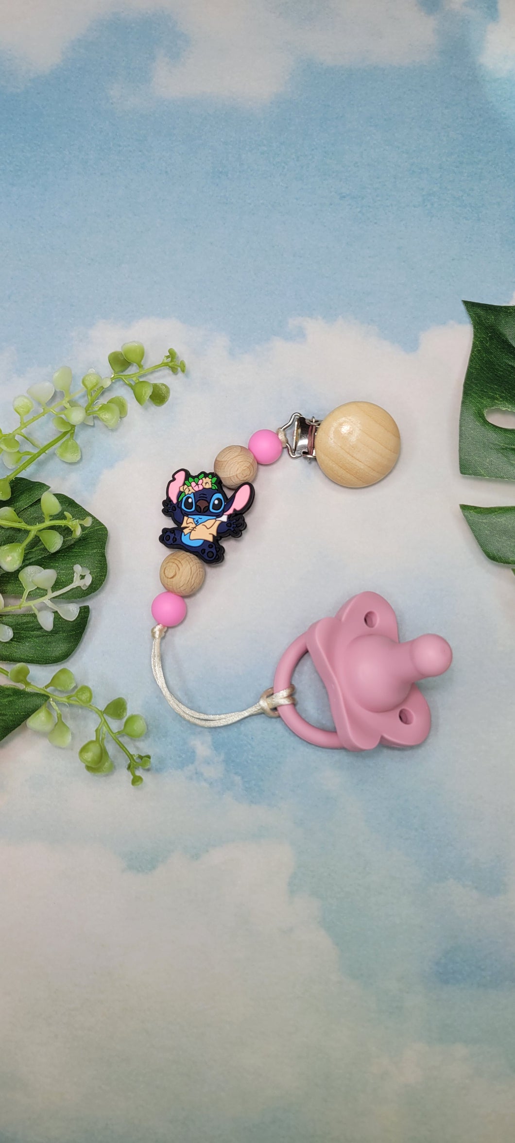 Floral Stitch Inspired Pacifier Clip, Silicone & Beechwood