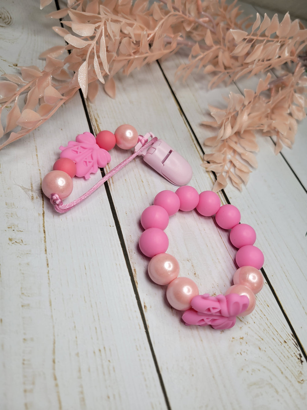 Pink Ballet Pacifier Clip with Teether Ring