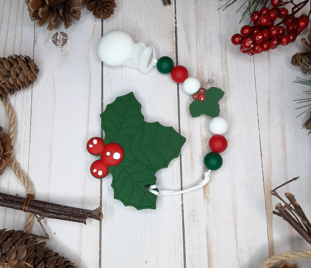 Holly Berry Christmas Pacifier Clip with Teether, Silicone