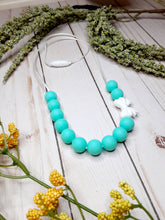 Load image into Gallery viewer, Aqua Blue with White Bow Nursing/Teething Necklace, Silicone
