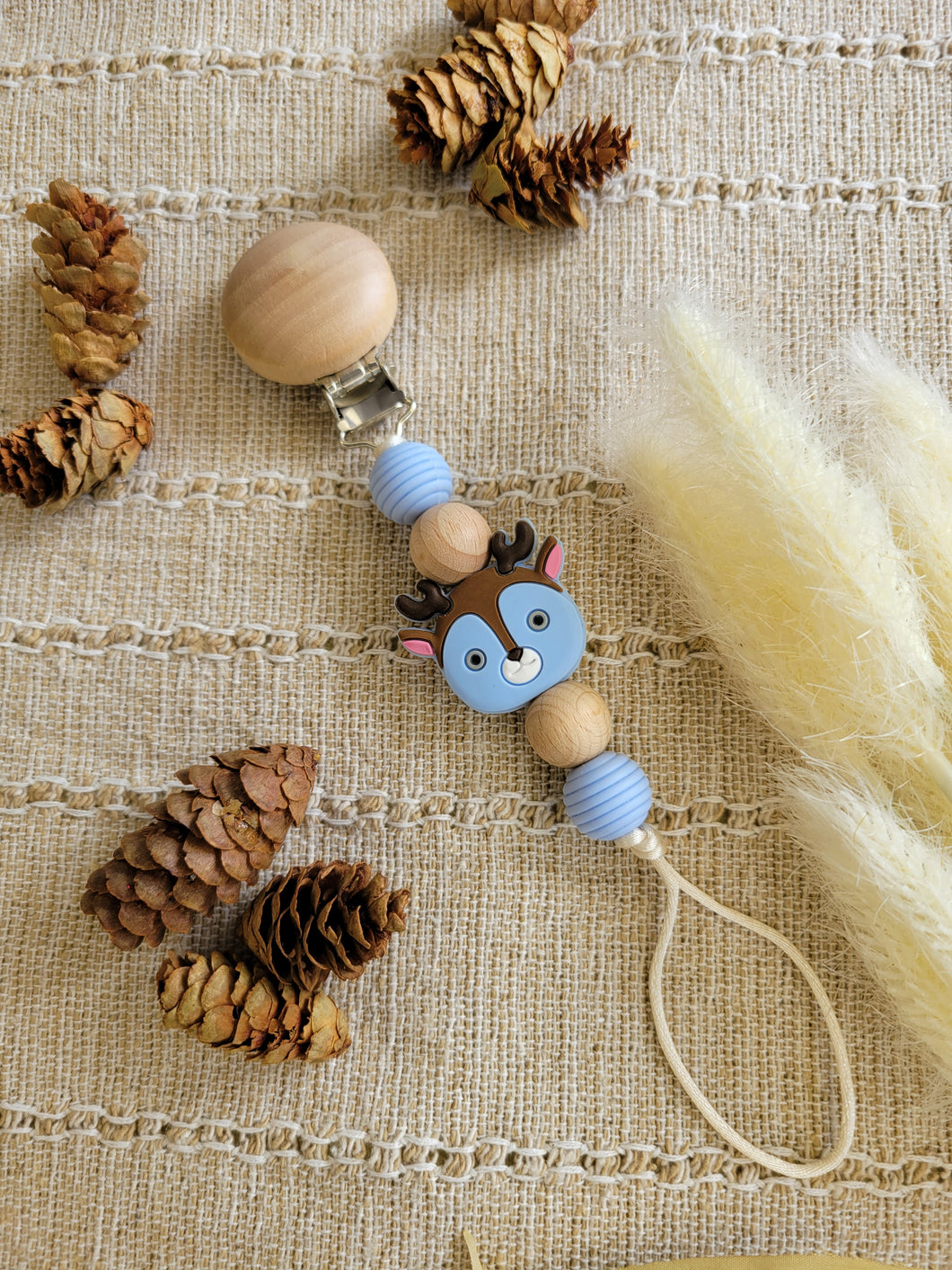 Blue Deer with Beechwood Pacifier Clip, Silicone