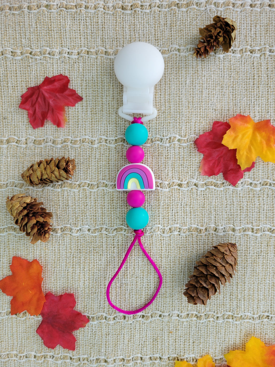 Fuchsia and Teal Rainbow Pacifier Clip, Silicone