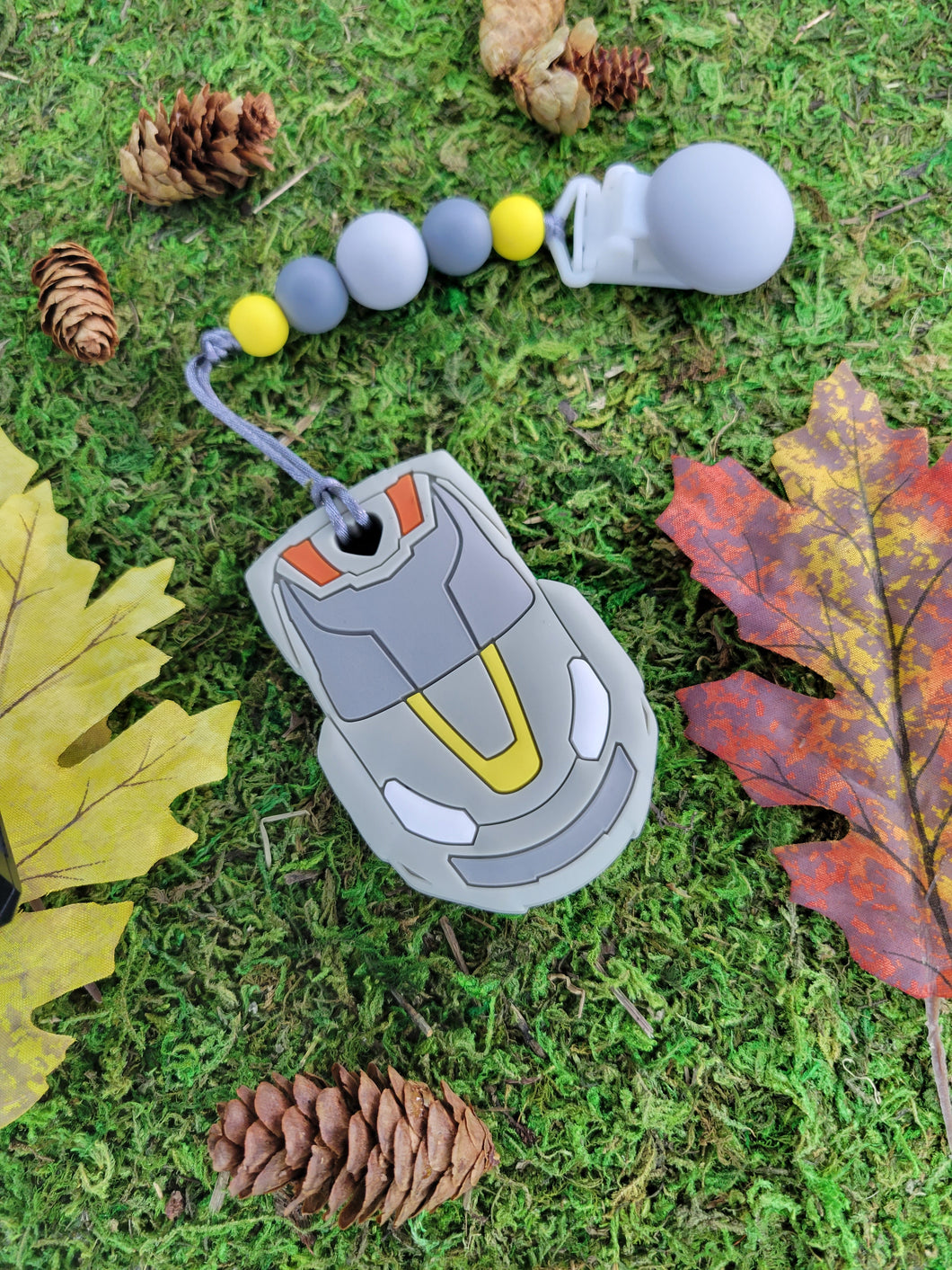Grey Race Car Pacifier Clip with Teether, Silicone
