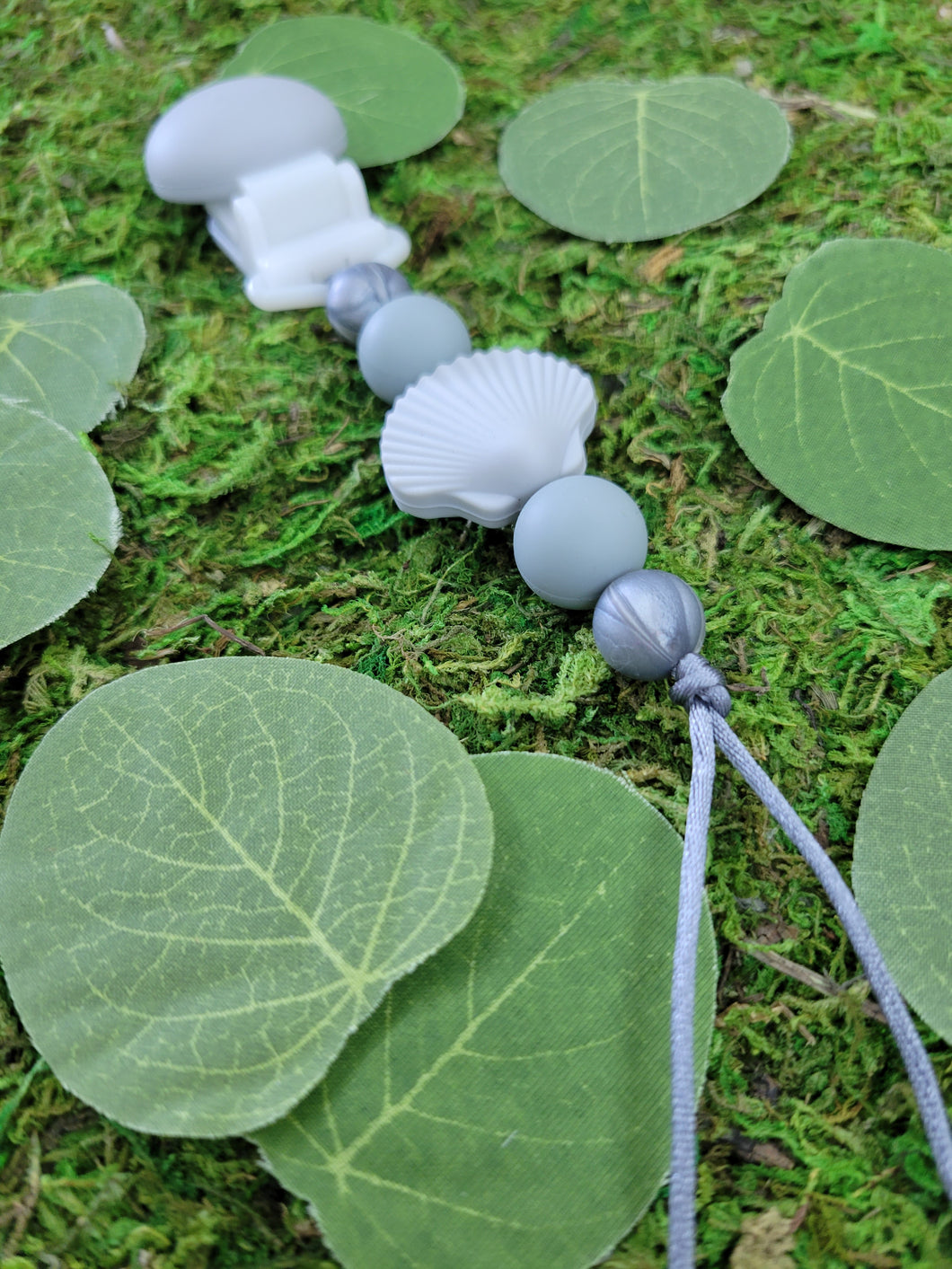 Gray Sea Shell Pacifier Clip, Beach, Summer