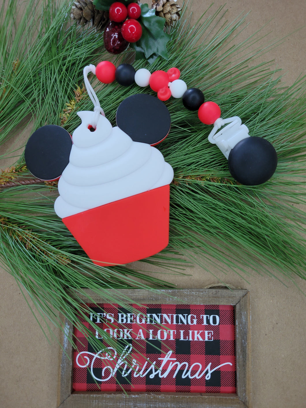 Mickey's Cupcake Pacifier Clip with Teether, Silicone, Disney